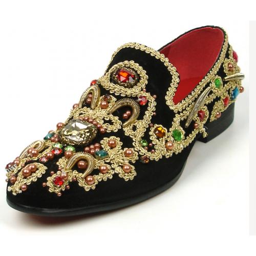 Fiesso Black / Gold Genuine Suede Embroidered Rhinestones Ornamented Slip On Shoes FI7411.